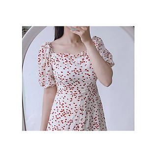 Váy Xoè Trễ Vai Bo Eo Hoạ Tiết Bắn Tim Nhỏ Siêu Yêu