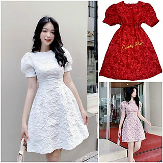 Đầm xoè gấm hoa nổi cổ tròn tay phồng cao cấp