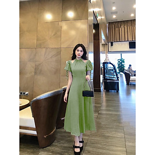 Đầm maxi cổ yếm cột nơ tay phồng tiểu thư