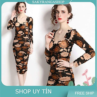 HÀNG NHẬP - ĐẦM BODY THUN LƯỚI HOA TAY DÀI