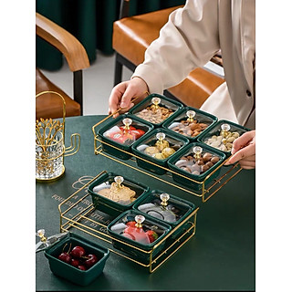 Khay đựng mứt tết, bánh kẹo gốm sứ 6 hũ nắp kính khung vàng màu xanh, trắng