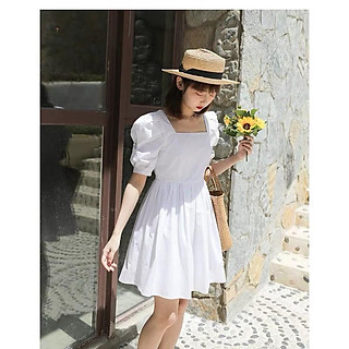 ĐẦM DỰ TIỆC TRẮNG CỔ VUÔNG TAY LỠ PHỒNG PHỐI NƠ SAU LƯNG DÁNG XÒE