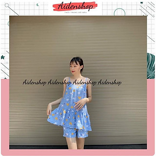 Bộ đồ bầu đẹp hai dây chất lanh mát mùa hè mặc nhà đồ bộ đùi bầu