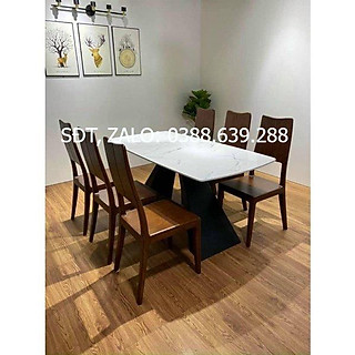 bộ bàn ăn mặt đá chân sắt  6 ghế ba tiêu