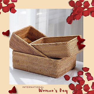 Khay mây chữ nhật vintage đựng đồ đa năng, Giỏ mây tre đan chữ nhật Bemiao