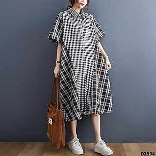 Đầm suông cổ trụ phối kẻ caro phong cách độc đáo thời trang Hàn Quốc