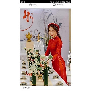 áo dài gấm đỏ kèm quần và mấn