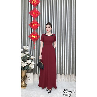Đầm EMY EM6974 Dạ Hội Đỏ Cổ Phối Ren