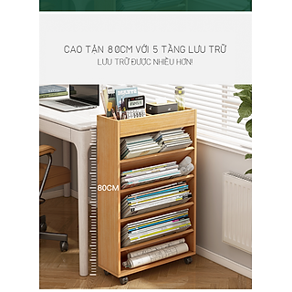 Kệ sách ngăn chéo gỗ 5 tầng, giá sách đứng cạnh bàn làm việc, phòng khách, phòng ngủ GP189