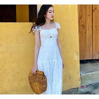 ĐẦM DỰ TIỆC 2 DÂY PHỐI BÈO VAI CỔ VUÔNG PHỐI NHÚN NGỰC KHOÉT DÁNG XÒA TẦNG-hình thật shop chụp