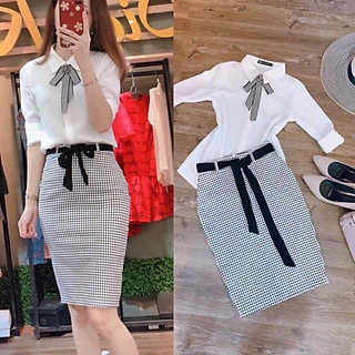 Set Sơ mi và chân váy body kẻ kèm nơ CVCC19