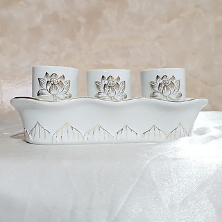 Bộ ba ly nước Bạch Ngọc màu trắng để bàn thờ Quan Âm