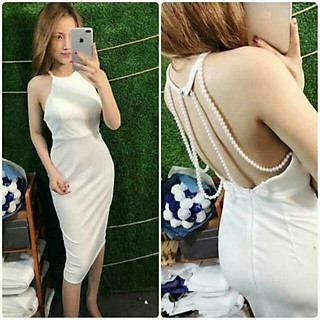 Đầm body yếm hở lưng đan dây đính cườm
