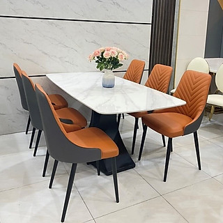 Bàn ăn mặt đá, bàn ăn mặt đá ceramic bóng chân sắt sơn đen tĩnh điện kết hợp ghế spine