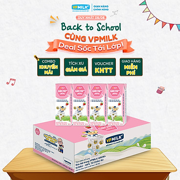 Mua Sữa Tiệt Trùng Có Đường VPMilk Grow+ Vị Dâu Hộp 180ml (Thùng 48 Hộp) tại VPMilk Official