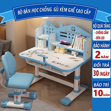 Mua (Tặng đèn học + Giá đỡ ngực) Bộ bàn học cho bé tiểu học C06 tăng giảm chiều cao, kệ sách, đệm mông - Bộ bàn ghế xanh + đèn + quà tại shoptava