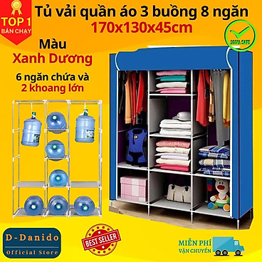 Tủ Vải Quần Áo 3 Buồng 8 Ngăn, Tủ Quần Áo Khung Inox To, Bền - Hàng Chính Hãng