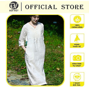 Mua Đầm linen suông cổ V cài cúc, Váy suông nữ dáng dài tay lỡ, có túi hông chất linen mềm mát thời trang xuân hè Đũi Việt - TRẮNG - M tại ĐŨI VIỆT Official