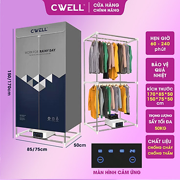 Mua Tủ sấy quần áo, máy sấy quần áo mini gấp gọn, kiêm máy sưởi độc lập CWELL D23, công suất 1800W, thiết kế mới nhất 2023 - Cao 1,5m - Thường tại CWELL Official Store