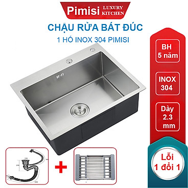 Mua Chậu rửa bát inox 304 đơn 1 hố đúc Pimisi kích thước 6045-4540 cm đầy đủ xi phông loại to và kèm rổ đựng đồ dùng để rửa chén bát gắn được cả âm bàn đá | Hàng chính hãng - 60 x 45 cm tại Pimisi