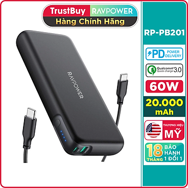 Pin Sạc Dự Phòng RAVPower 20000mAh Quick Charge 3.0 + PD 60W,...