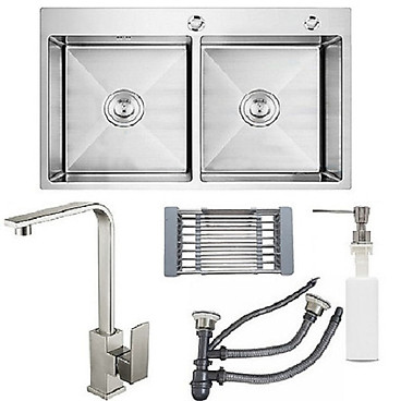 Mua Combo chậu rửa bát inox sus304 8245 + vòi rửa bát inox nóng lạnh vuông+ bình xà phòng + rổ rau củ đa năng + bộ xả chậu - HỐ CÂN tại Thiết bị vệ sinh Hải Hà