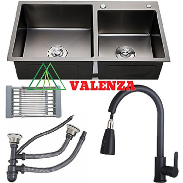 Mua Chậu rửa chén inox 304 nano kháng khuẩn 8245 kèm vòi nước rửa chén inox 304 nano kháng khuẩn Valenza cao cấp rổ inox bộ xả chậu - 8245 - Hố chậu lệch tại Thiết bị vệ sinh Hải Hà