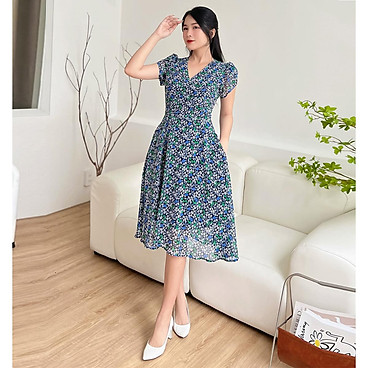 Mua [HCM] Đầm xòe hoa nhí vol Hàn dễ thương D098 - Lady Fashion - XANH - S tại KHANH LINH STYLE