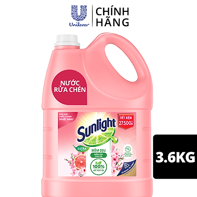 Chai Nước Rửa Chén 3.6kg Sunlight Mềm Dịu Không hại da tay Hương Bưởi & Hoa Anh Đào Thành phần làm sạch 100% từ gốc thực vật