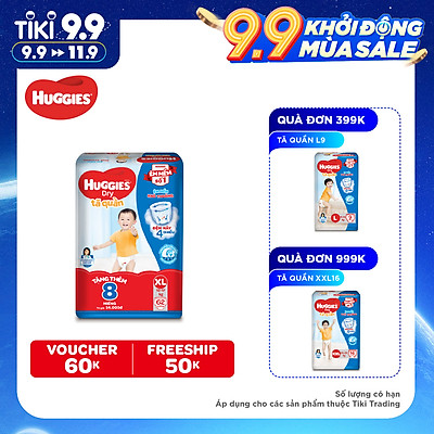 Tã Quần Huggies Dry Gói Cực Đại XL62 (62 Miếng) - Tặng 8 miếng