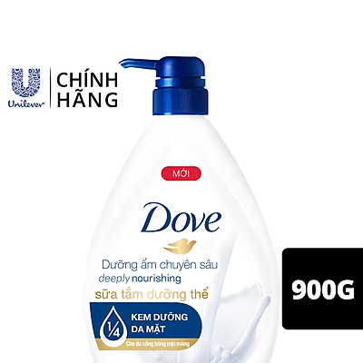 Single Sữa Tắm dưỡng thể 900g Dove Dưỡng ẩm chuyên sâu Deeply Nourishing với 1/4 kem dưỡng da mặt