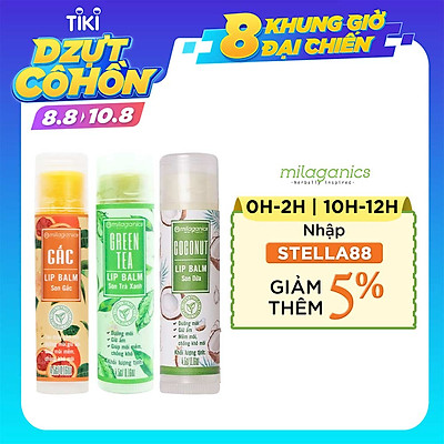 Combo Son Trà Xanh + Son Gấc + Son Dừa Dưỡng Môi, Giảm Thâm, Hồng Môi Milaganics (4.5g / Cây)