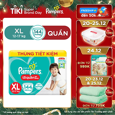 Thùng Tối Ưu Phí Vận Chuyển 3 Gói Tã Quần PAMPERS Giữ Dáng Size M(180 miếng, 7-12kg)/ L(162 miếng, 9-14kg)/ XL(144 miếng, 12-17kg), Chống Xệ