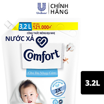 Nước xả làm mềm vải 3.2L Comfort Chăm sóc dịu nhẹ Cho da nhạy cảm, phù hợp với em bé Công thức riêng dịu nhẹ sử dụng nguyên liệu chính từ 100% nguồn gốc thực vật để sản xuất hoạt chất làm mềm vải