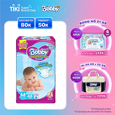 Tã Dán Bobby Siêu Mỏng Thấm Gói Lớn M48 (48 Miếng)