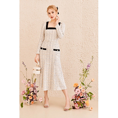 Đầm tweed midi tay dài cổ vuông