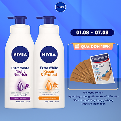 Bộ đôi chăm sóc phục hồi da Sữa Dưỡng Thể Dưỡng Trắng NIVEA Ban Ngày Giúp Phục Hồi & Chống Nắng SPF30 (350ml) - 88311 & Sữa Dưỡng Thể Dưỡng Trắng NIVEA Giúp Phục Hồi & Săn Da Ban Đêm (400ml) – 88126