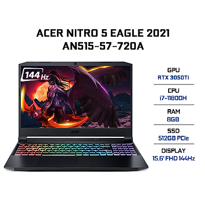 Laptop Acer Nitro 5 Eagle AN515-57-720A (Core i7-11800H/ 8GB DDR4 3200MHz/ 512GB SSD M.2 PCIE/ RTX 3050Ti 4GB GDDR6/ 15.6 FHD IPS, 144Hz/ Win11) - Hàng Chính Hãng