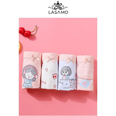 Set 4 chiếc quần chip bé gái, quần lót cho bé gái cotton cao cấp họa tiết Cô gái dễ thương hãng LASAMO mã QLB001