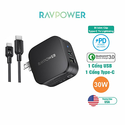 Bộ Củ Sạc PD 3.0 30W 2 Cổng Và Cáp Type-C to Lightning Chứng Nhận MFI RAVPower RP-PC144 Chuyên Cho iPhone, iPad - Hàng Chính Hãng