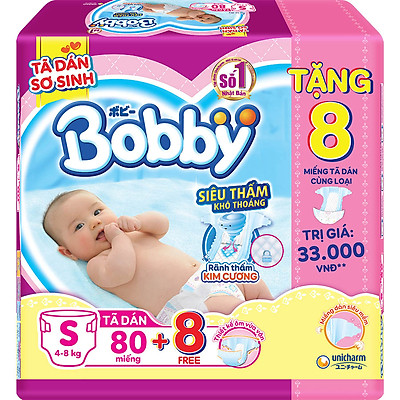 Tã Dán Bobby Sơ Sinh Siêu Thấm  S80 (80 Miếng) + 8 Miếng Tã dán cùng loại