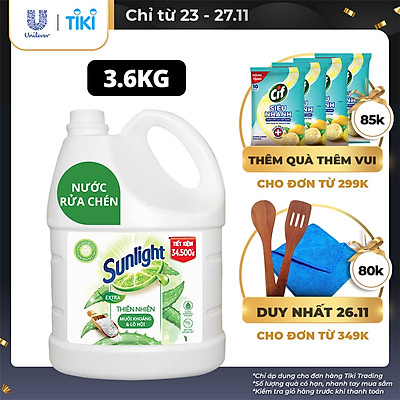 Chai Nước Rửa Chén 3.6kg Sunlight Thiên Nhiên An Toàn Chén Dĩa Muối khoáng & Lô Hội An Toàn Chén Dĩa Cho Cả Nhà, Kể Cả Chén Dĩa Trẻ Em