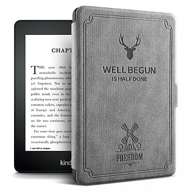 Combo Máy Đọc Sách Kindle Paperwhite Gen 10th (8GB - Màu Đen) và Bao da WELL BEGUN Màu Ghi Xám - Hàng Chính Hãng