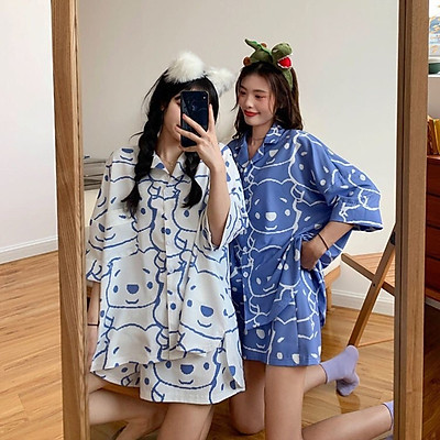 bộ ngủ mặc nhà, bộ pijama mặc nhà unisex hình gấu kute 2 màu dễ thương