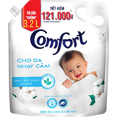 Nước xả làm mềm vải 3.2L Comfort Chăm sóc dịu nhẹ Cho da nhạy cảm, phù hợp với em bé Công thức riêng dịu nhẹ sử dụng nguyên liệu chính từ 100% nguồn gốc thực vật để sản xuất hoạt chất làm mềm vải