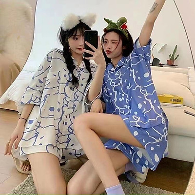 bộ ngủ mặc nhà, bộ pijama mặc nhà unisex hình gấu kute 2 màu dễ thương