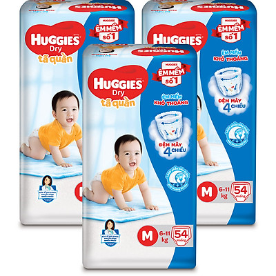 Combo 3 Gói Tã Quần Huggies Dry Gói Đại M54 (54 Miếng)