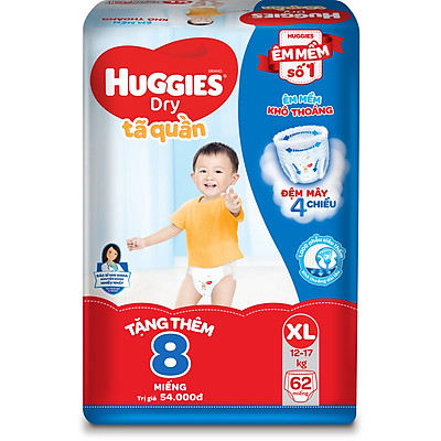 Tã Quần Huggies Dry Gói Cực Đại XL62 (62 Miếng) - Tặng 8 miếng