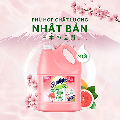 Chai Nước Rửa Chén 3.6kg Sunlight Mềm Dịu Không hại da tay Hương Bưởi & Hoa Anh Đào Thành phần làm sạch 100% từ gốc thực vật