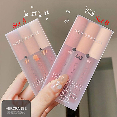 Son Kem Lì HERORANGE Siêu Xinh Mềm - Mịn Mượt - Lâu Trôi - An Toàn Fluffy Lip Glaze SET 3 Cây - Set A & B - Hàng AUTH